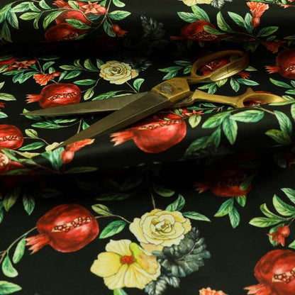 Freedom Printed Velvet Fabric Pomegranate Floral Black Red Pattern Upholstery Fabrics CTR-458 - Made To Measure Curtains