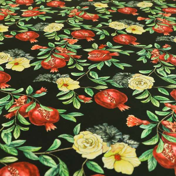 Freedom Printed Velvet Fabric Pomegranate Floral Black Red Pattern Upholstery Fabrics CTR-458 - Made To Measure Curtains