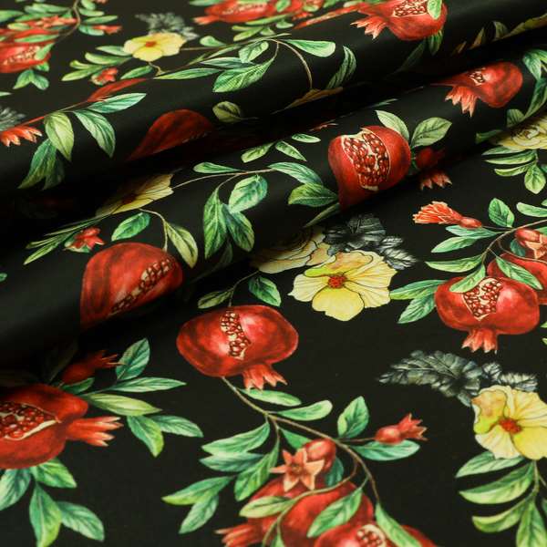 Freedom Printed Velvet Fabric Pomegranate Floral Black Red Pattern Upholstery Fabrics CTR-458 - Made To Measure Curtains