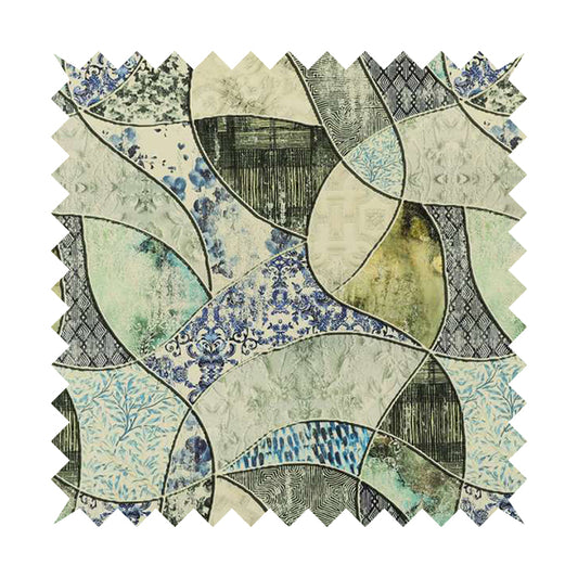 Freedom Printed Velvet Fabric Blue Aqua Curve Mosaic Geometric Pattern Upholstery Fabric CTR-465