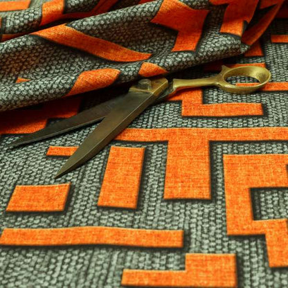 Freedom Printed Velvet Fabric Grey Background Orange Geometric Pattern Upholstery Fabric CTR-475 - Made To Measure Curtains