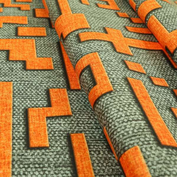 Freedom Printed Velvet Fabric Grey Background Orange Geometric Pattern Upholstery Fabric CTR-475 - Made To Measure Curtains