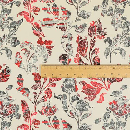 Freedom Printed Velvet Fabric Red Grey Colour Flower Damask Pattern Upholstery Fabric CTR-499 - Roman Blinds