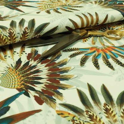 Freedom Printed Velvet Fabric Blue Brown Native Indian Feather Chief Hat Print Upholstery Fabric CTR-505 - Roman Blinds