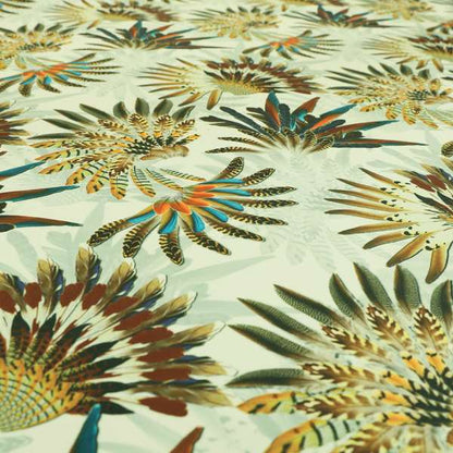 Freedom Printed Velvet Fabric Blue Brown Native Indian Feather Chief Hat Print Upholstery Fabric CTR-505 - Made To Measure Curtains