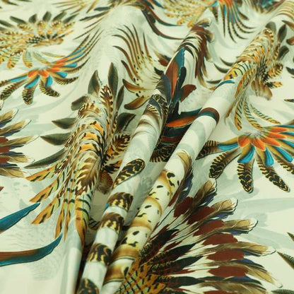 Freedom Printed Velvet Fabric Blue Brown Native Indian Feather Chief Hat Print Upholstery Fabric CTR-505 - Made To Measure Curtains