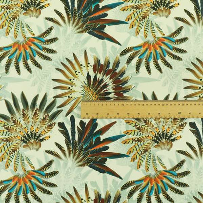 Freedom Printed Velvet Fabric Blue Brown Native Indian Feather Chief Hat Print Upholstery Fabric CTR-505 - Made To Measure Curtains