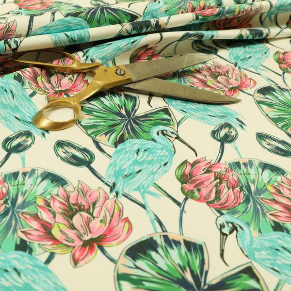 Freedom Printed Velvet Fabric Blue Heron Wetland Bird Pink Flower Pattern Upholstery Fabrics CTR-518 - Made To Measure Curtains