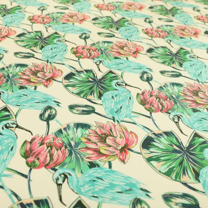 Freedom Printed Velvet Fabric Blue Heron Wetland Bird Pink Flower Pattern Upholstery Fabrics CTR-518 - Made To Measure Curtains