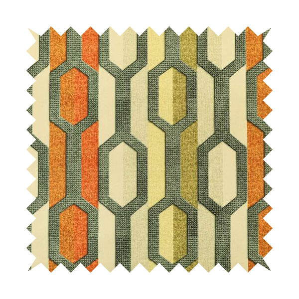 Freedom Printed Velvet Fabric Grey Orange Green Colour Geometric Stripe Pattern Upholstery Fabrics CTR-519 - Roman Blinds