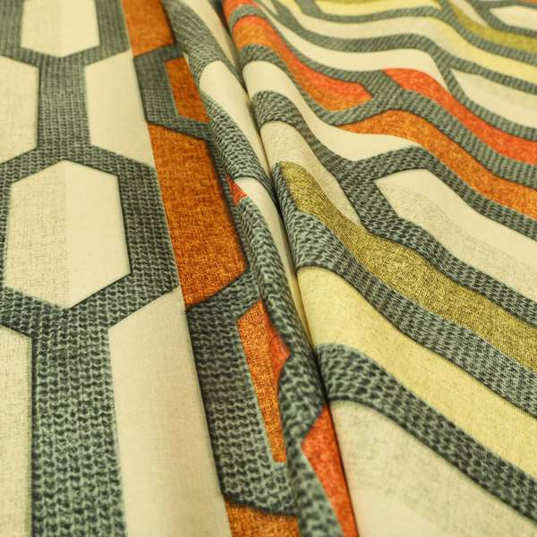 Freedom Printed Velvet Fabric Grey Orange Green Colour Geometric Stripe Pattern Upholstery Fabrics CTR-519 - Roman Blinds