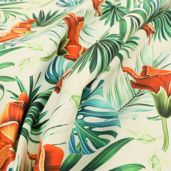 Freedom Printed Velvet Fabric Jungle Leaf White Green Red Colour Pattern Upholstery Fabric CTR-522 - Roman Blinds