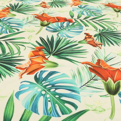 Freedom Printed Velvet Fabric Jungle Leaf White Green Red Colour Pattern Upholstery Fabric CTR-522 - Made To Measure Curtains