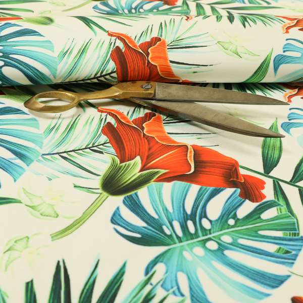 Freedom Printed Velvet Fabric Jungle Leaf White Green Red Colour Pattern Upholstery Fabric CTR-522 - Roman Blinds