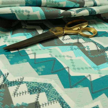 Freedom Printed Velvet Fabric Blue Teal Grey Zigg Zagg Pattern Upholstery Fabrics CTR-525 - Roman Blinds