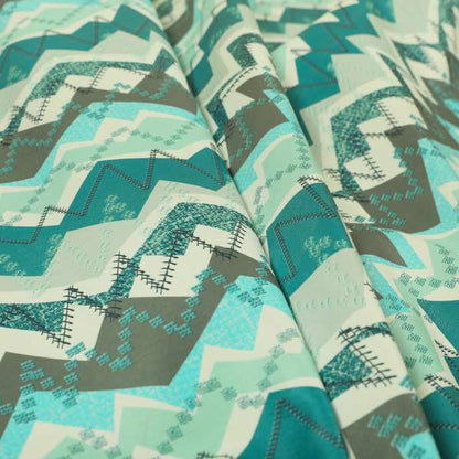 Freedom Printed Velvet Fabric Blue Teal Grey Zigg Zagg Pattern Upholstery Fabrics CTR-525