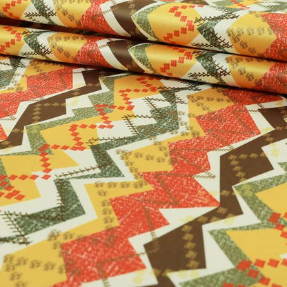 Freedom Printed Velvet Fabric Yellow Orange Green Zigg Zagg Pattern Upholstery Fabrics CTR-530 - Handmade Cushions