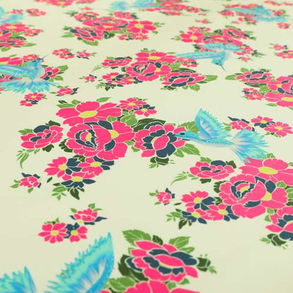 Freedom Printed Velvet Fabric Blue Kingfisher Bird Pink Floral Pattern Furnishing Fabric CTR-531 - Roman Blinds
