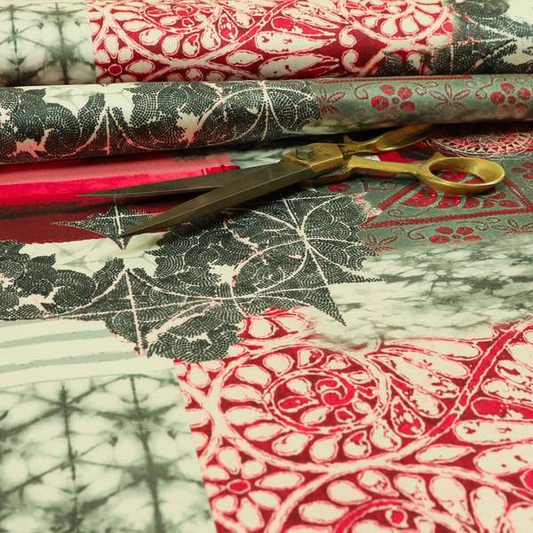 Freedom Printed Velvet Fabric Red Grey Colour Patchwork Pattern Upholstery Fabrics CTR-532 - Made To Measure Curtains