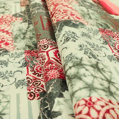 Freedom Printed Velvet Fabric Red Grey Colour Patchwork Pattern Upholstery Fabrics CTR-532 - Roman Blinds