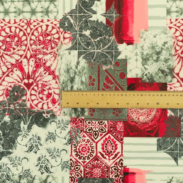 Freedom Printed Velvet Fabric Red Grey Colour Patchwork Pattern Upholstery Fabrics CTR-532 - Made To Measure Curtains