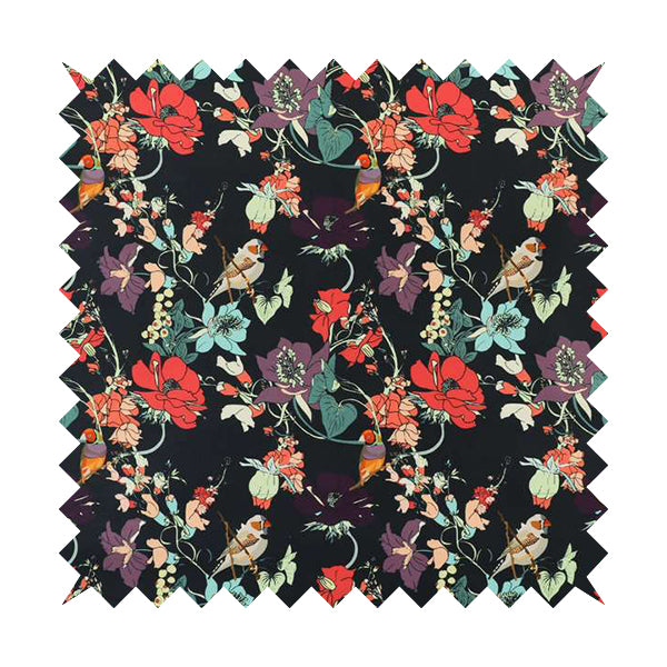Freedom Printed Velvet Fabric Black Colourful Floral With Birds Pattern Upholstery Fabric CTR-541 - Roman Blinds