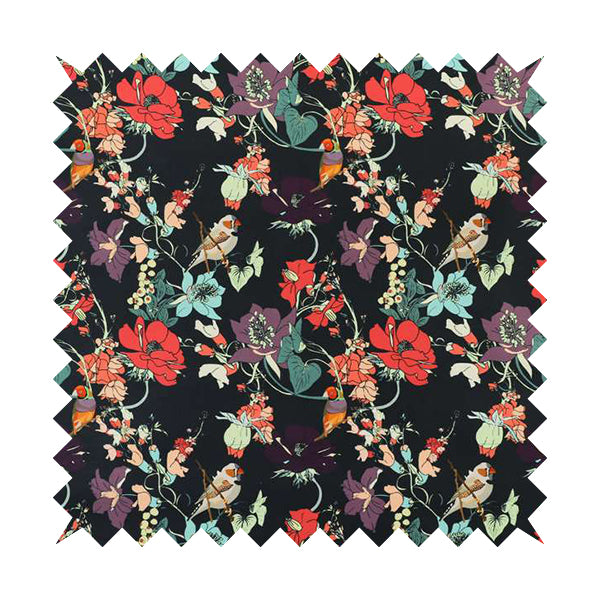 Freedom Printed Velvet Fabric Black Colourful Floral With Birds Pattern Upholstery Fabric CTR-541 - Handmade Cushions