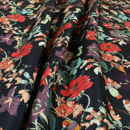 Freedom Printed Velvet Fabric Black Colourful Floral With Birds Pattern Upholstery Fabric CTR-541 - Made To Measure Curtains