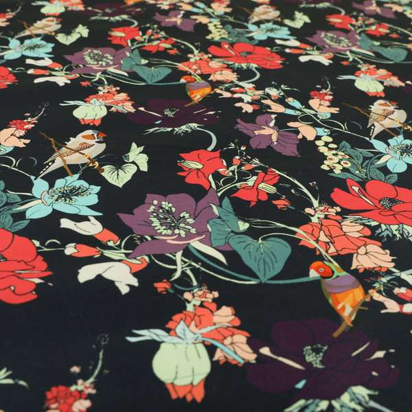 Freedom Printed Velvet Fabric Black Colourful Floral With Birds Pattern Upholstery Fabric CTR-541 - Made To Measure Curtains