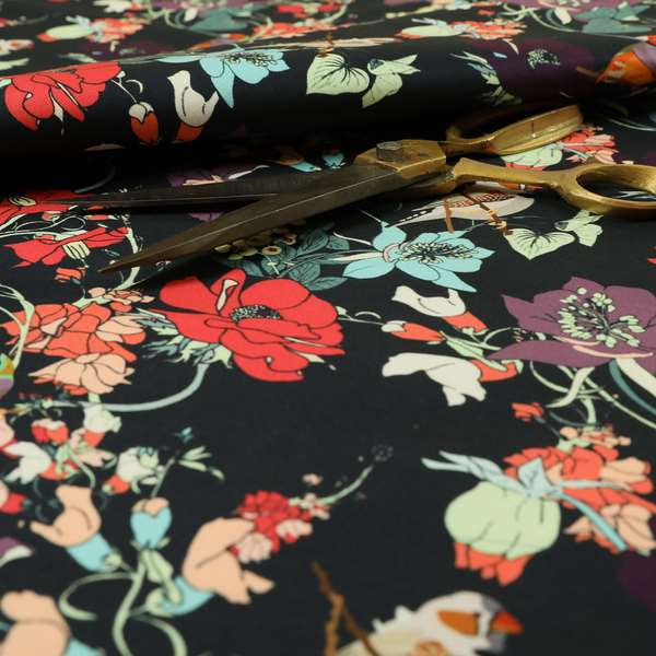 Freedom Printed Velvet Fabric Black Colourful Floral With Birds Pattern Upholstery Fabric CTR-541