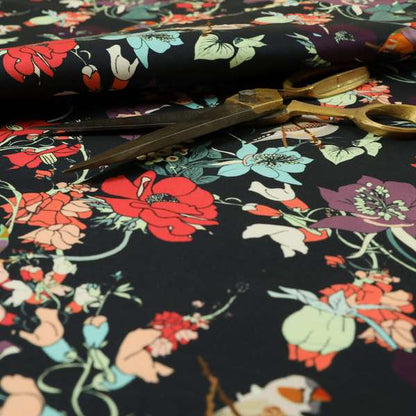 Freedom Printed Velvet Fabric Black Colourful Floral With Birds Pattern Upholstery Fabric CTR-541 - Handmade Cushions