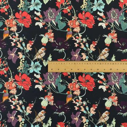 Freedom Printed Velvet Fabric Black Colourful Floral With Birds Pattern Upholstery Fabric CTR-541 - Made To Measure Curtains