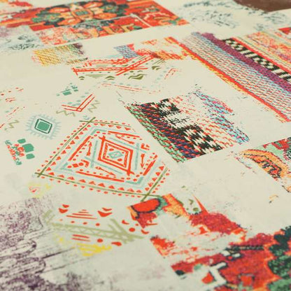 Freedom Printed Velvet Fabric Multicoloured Orange Red Kilim Patchwork Upholstery Fabric CTR-543 - Roman Blinds