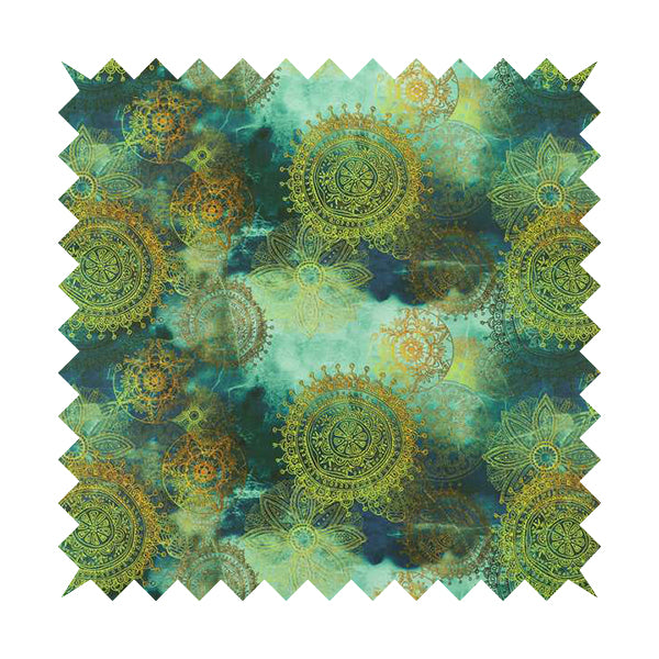 Freedom Printed Velvet Fabric Deep Blue Ocean Green Yellow Circular Pattern Upholstery Fabrics CTR-546 - Roman Blinds