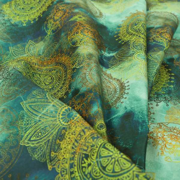 Freedom Printed Velvet Fabric Deep Blue Ocean Green Yellow Circular Pattern Upholstery Fabrics CTR-546 - Roman Blinds