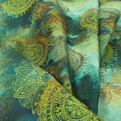 Freedom Printed Velvet Fabric Deep Blue Ocean Green Yellow Circular Pattern Upholstery Fabrics CTR-546 - Made To Measure Curtains