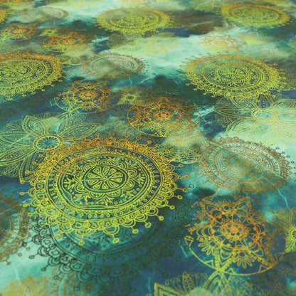 Freedom Printed Velvet Fabric Deep Blue Ocean Green Yellow Circular Pattern Upholstery Fabrics CTR-546 - Handmade Cushions