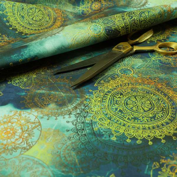 Freedom Printed Velvet Fabric Deep Blue Ocean Green Yellow Circular Pattern Upholstery Fabrics CTR-546 - Made To Measure Curtains