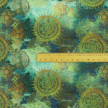 Freedom Printed Velvet Fabric Deep Blue Ocean Green Yellow Circular Pattern Upholstery Fabrics CTR-546 - Made To Measure Curtains