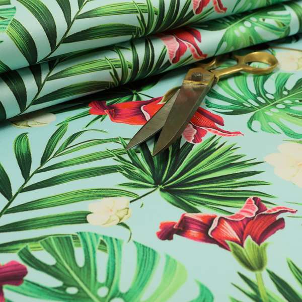 Freedom Printed Velvet Fabric Blue Background Green Red Jungle Floral Pattern Upholstery Fabrics CTR-548 - Roman Blinds