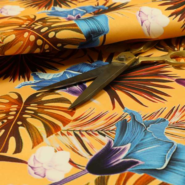 Freedom Printed Velvet Fabric Full Orange Colour Jungle Leaf Floral Pattern Upholstery Fabrics CTR-553