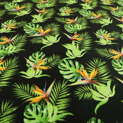 Freedom Printed Velvet Fabric Full Black Colour Green Leaf Floral Pattern Upholstery Fabrics CTR-555 - Made To Measure Curtains