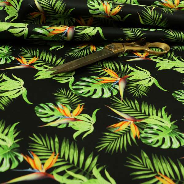 Freedom Printed Velvet Fabric Full Black Colour Green Leaf Floral Pattern Upholstery Fabrics CTR-555 - Roman Blinds