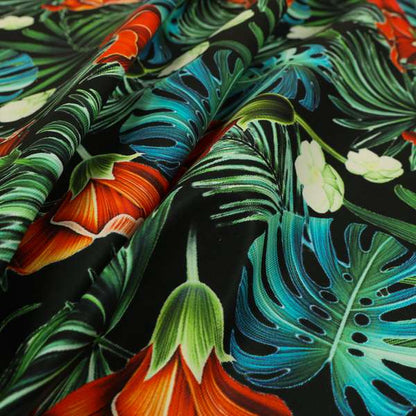 Freedom Printed Velvet Fabric Full Black All Over Jungle Leaf Floral Pattern Upholstery Fabrics CTR-560 - Roman Blinds