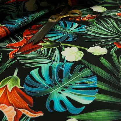 Freedom Printed Velvet Fabric Full Black All Over Jungle Leaf Floral Pattern Upholstery Fabrics CTR-560 - Roman Blinds