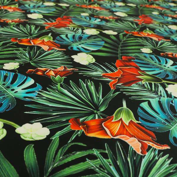 Freedom Printed Velvet Fabric Full Black All Over Jungle Leaf Floral Pattern Upholstery Fabrics CTR-560 - Roman Blinds