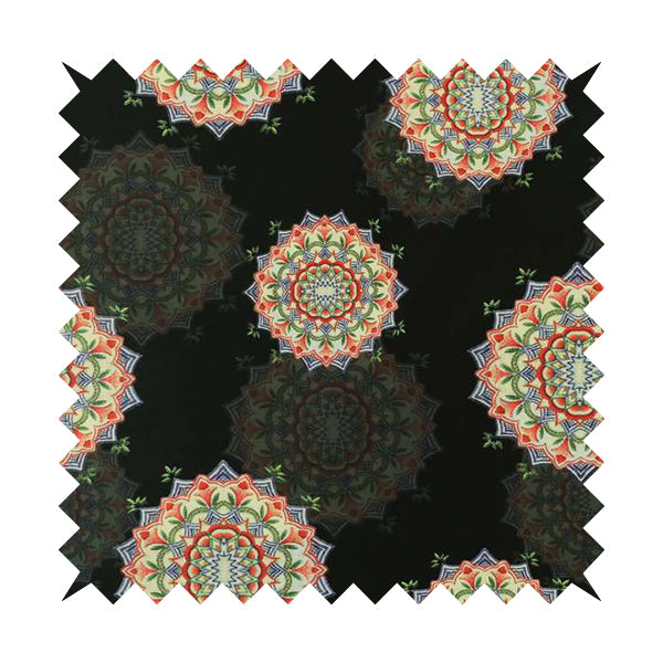 Freedom Printed Velvet Fabric All Black Background Colourful Medallion Pattern Upholstery Fabric CTR-561 - Made To Measure Curtains