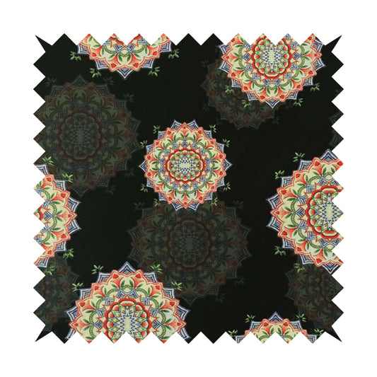 Freedom Printed Velvet Fabric All Black Background Colourful Medallion Pattern Upholstery Fabric CTR-561