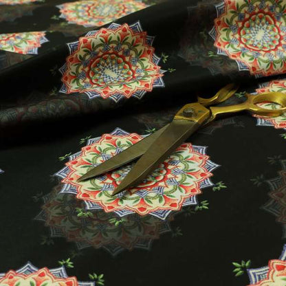 Freedom Printed Velvet Fabric All Black Background Colourful Medallion Pattern Upholstery Fabric CTR-561 - Handmade Cushions