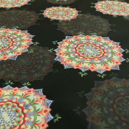 Freedom Printed Velvet Fabric All Black Background Colourful Medallion Pattern Upholstery Fabric CTR-561 - Made To Measure Curtains